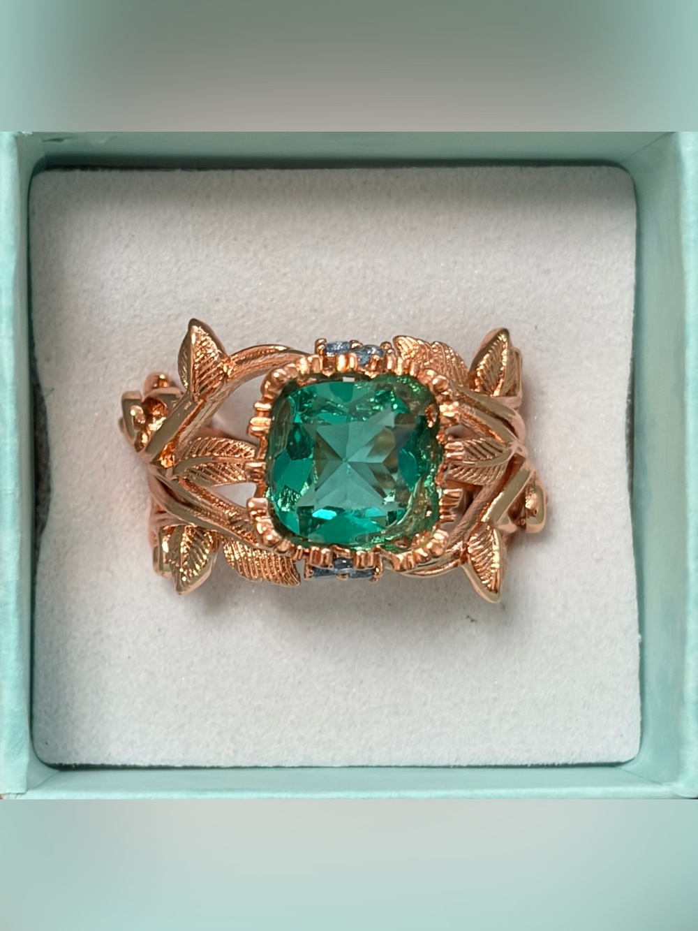 Gold Leaf Ring with Aqua Green Center Stone